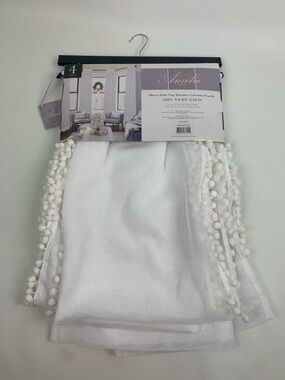Amelie Sheer Pole Top Window Curtain Panels with Pom Trim White 38x84 NEW NWT